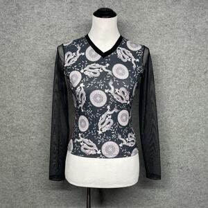 Black Market Dragon Print Mesh Slv Velour Top XS Y2K Gothic Asian-Inspired Punk